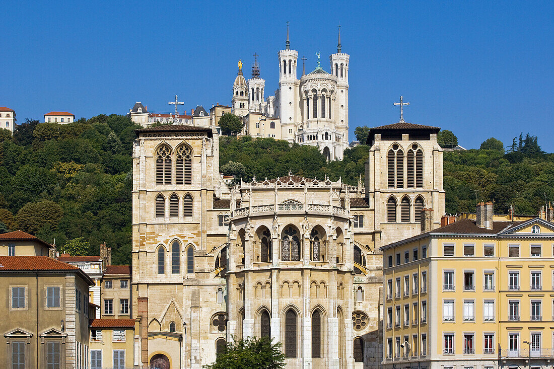Apse of Saint-Jean cathedral and basilica of Notre-Dame de Fourvière, Lyon. Rhône-Alpes, France