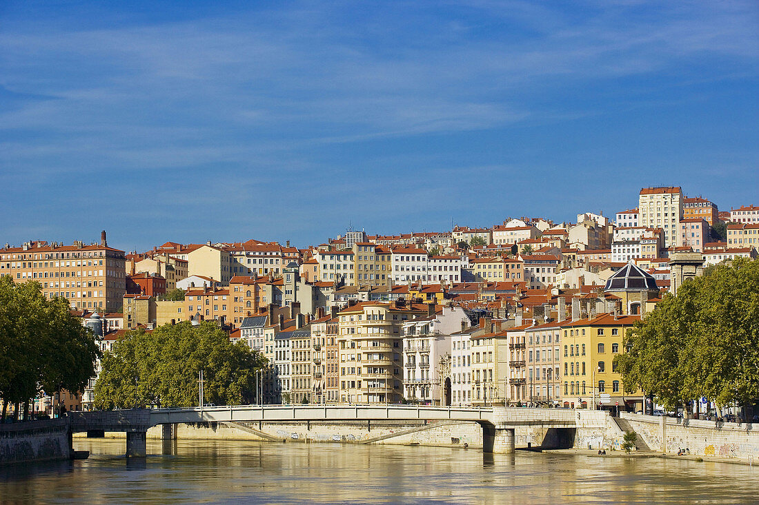 River Saone and the quarter of Croix Rousse, Lyon. Rhône-Alpes, France