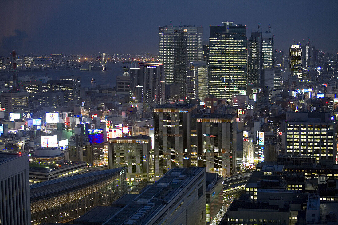 Overview at dusk on Ginza and Shinjuku from top of the Marubiru Building in Marunuchi  Tokyo  Japan