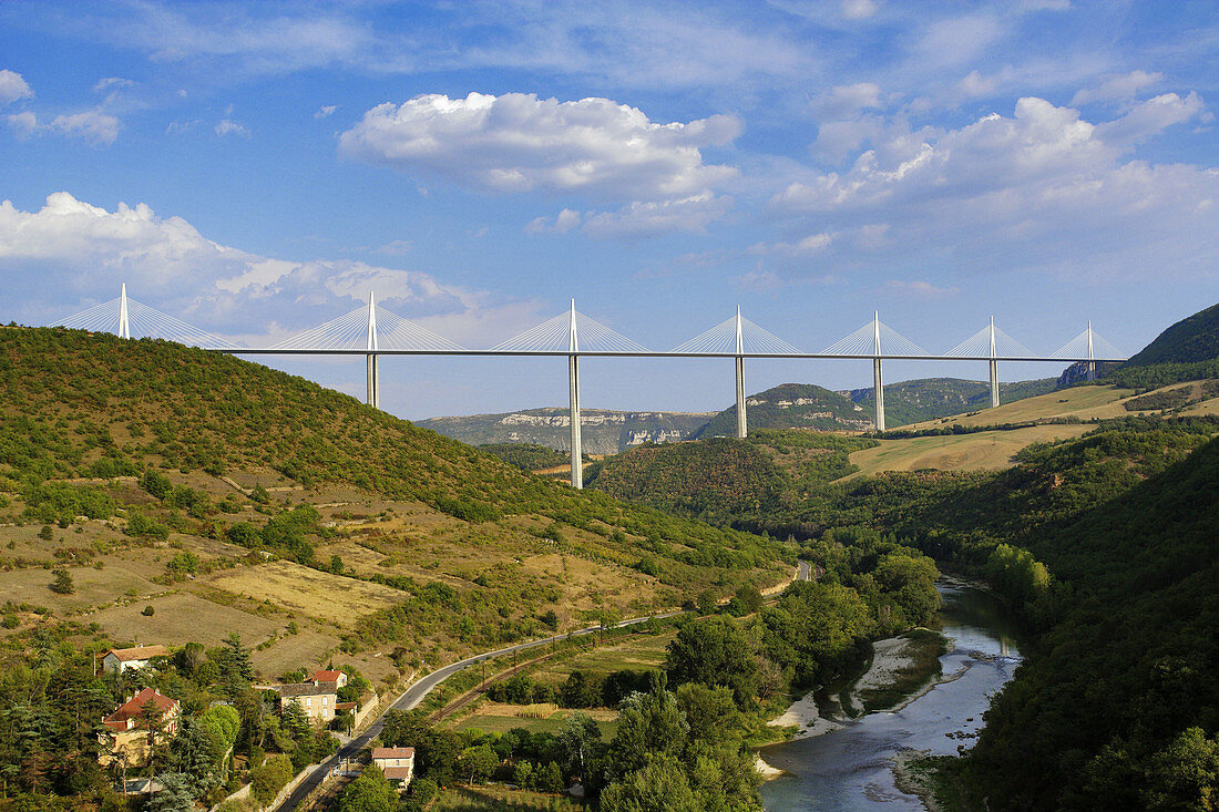 View of the Viaduc de Millau from Peyre Village in the Tarn Valley. Midi-Pyrénées. France.