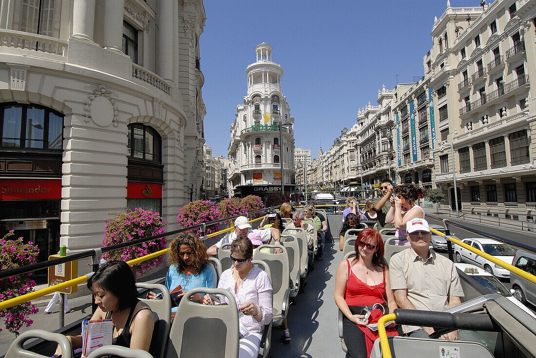 Tourist bus. Gran Vía. Madrid. Spain.