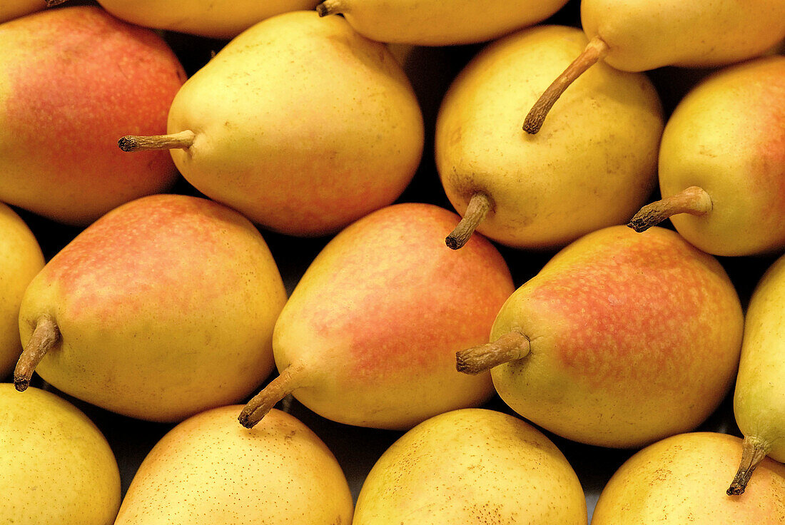 Pears. La Boquería market, Barcelona. Catalonia, Spain.