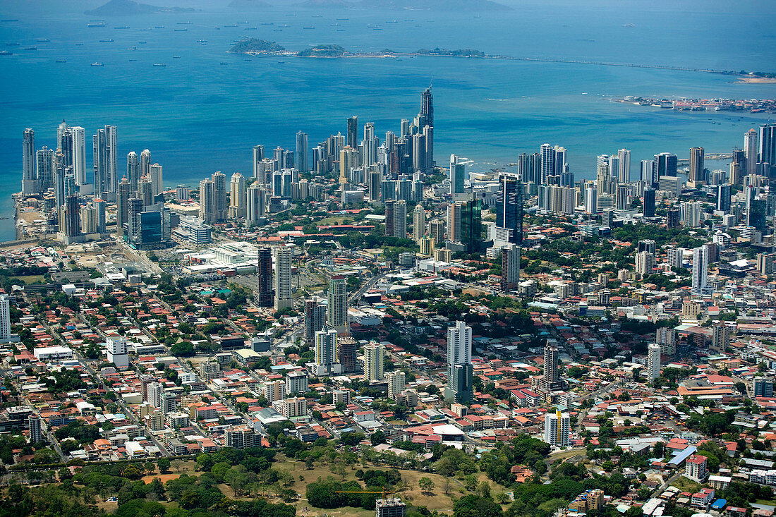 AERIAL OF PANAMA BAY SKYLINE DOWNTOWN, PANAMA CITY, REPUBLIC OF PANAMA