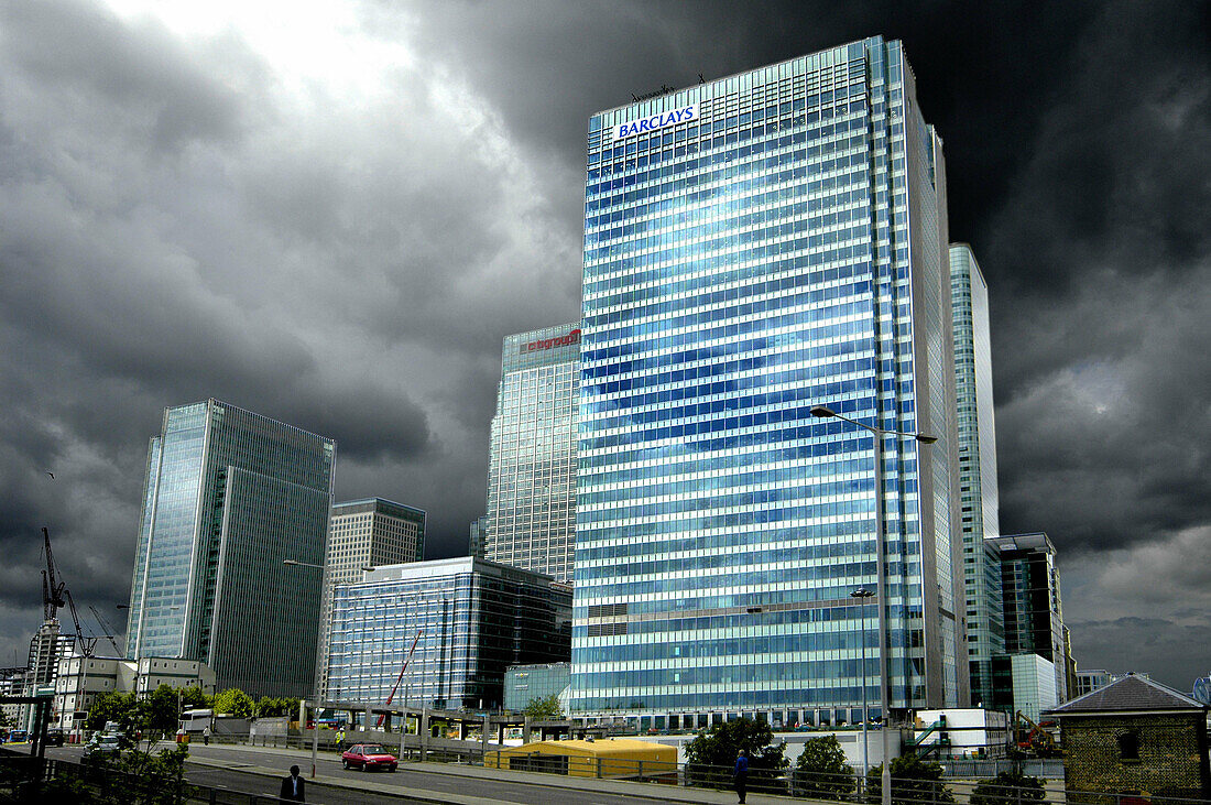 modern office building at canary wharf financial district it is a bank barclays and citigroup on stormy day isle of dogs london england uk europe