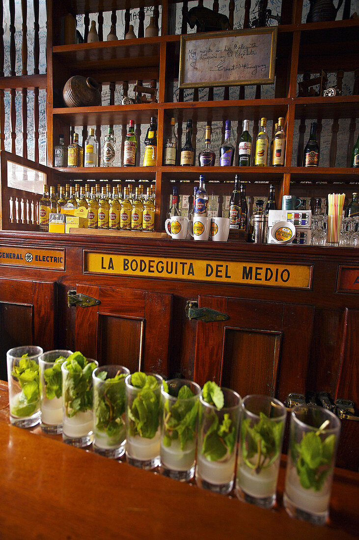 Mojito, La Bodeguita del Medio, a bar in Old Havana (Habana Vieja) popularized by Ernest Hemingway. Havana Vieja District, Havana, Cuba