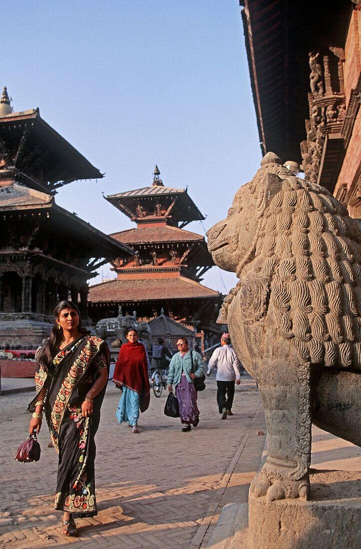 Nepal. Patan. Durbar Square. Vishwanath Temple, Lions before Royal Palace