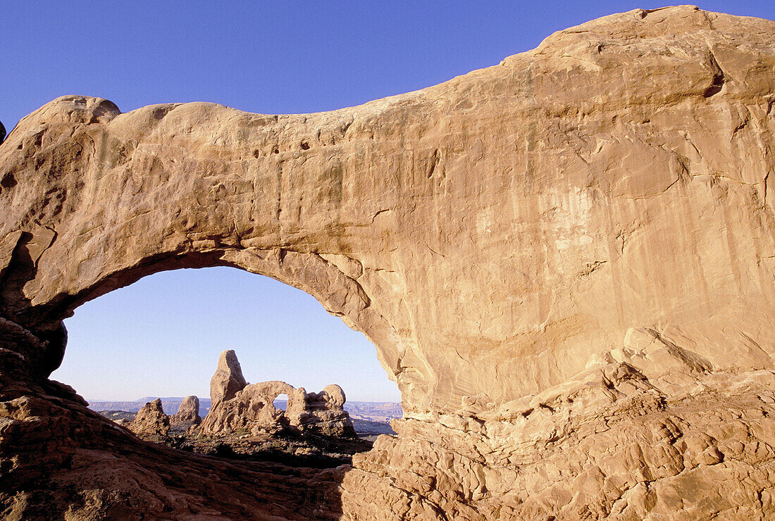 Turret Arch viewed trough North Window. Arches National Park. Utah. US