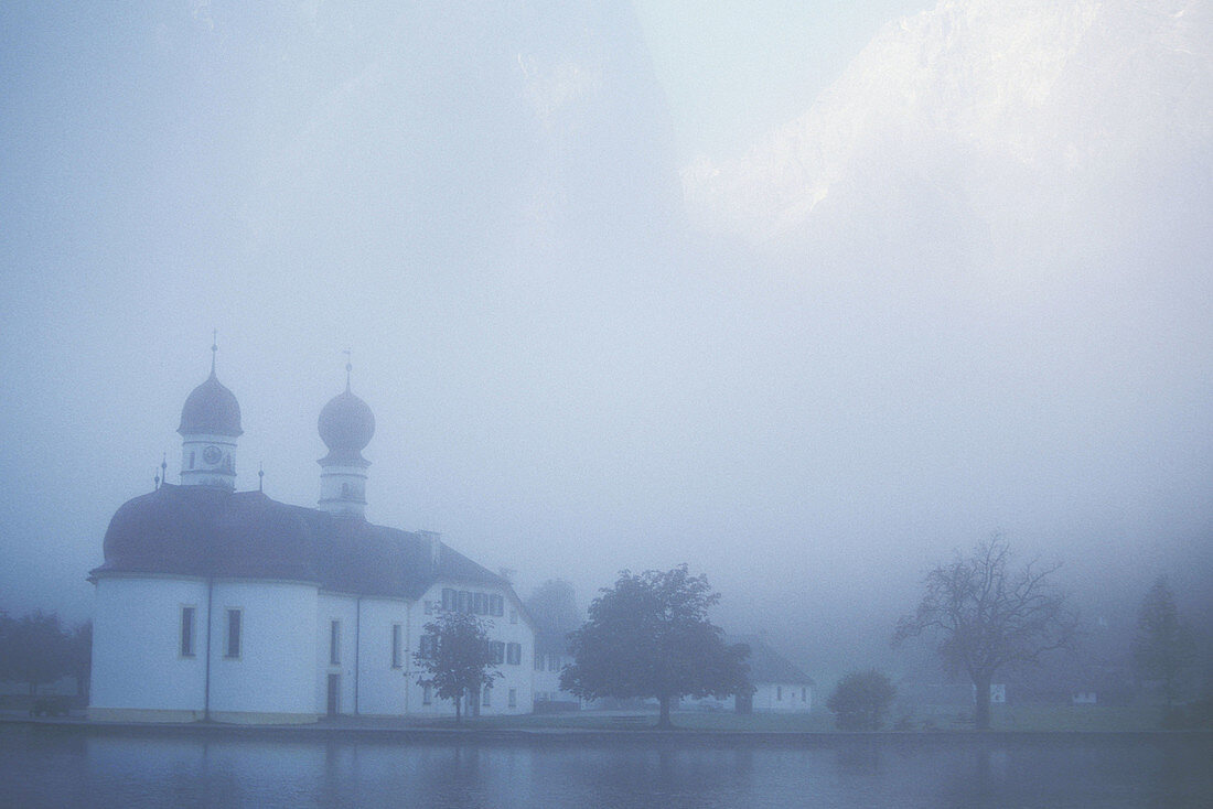 St. Barthol in fog. Watzmann. Konigsee. Berchtesgaden. Berchtesgadener Alpen National Park. Bavaria. Germany