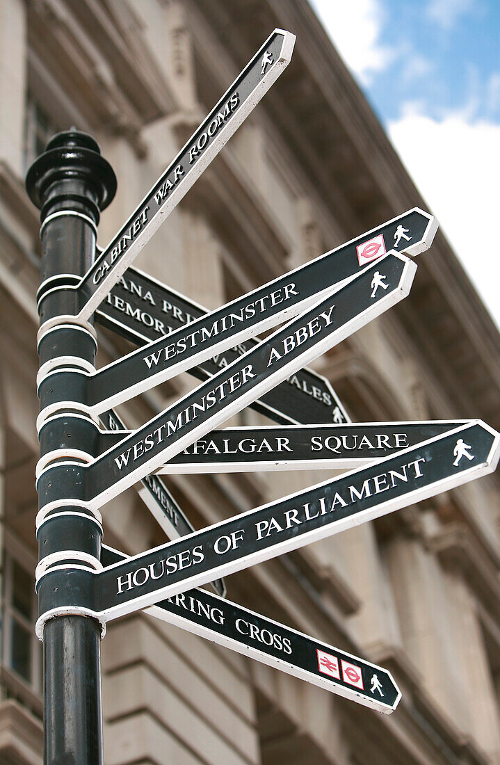 Directional signpost, Whitehall, London, England, Britain, United Kingdom