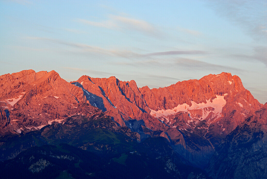 Alpspitze and Zugspitze in alpenglow from Wank, Wetterstein range, Bavarian range, Upper Bavaria, Bavaria, Germany