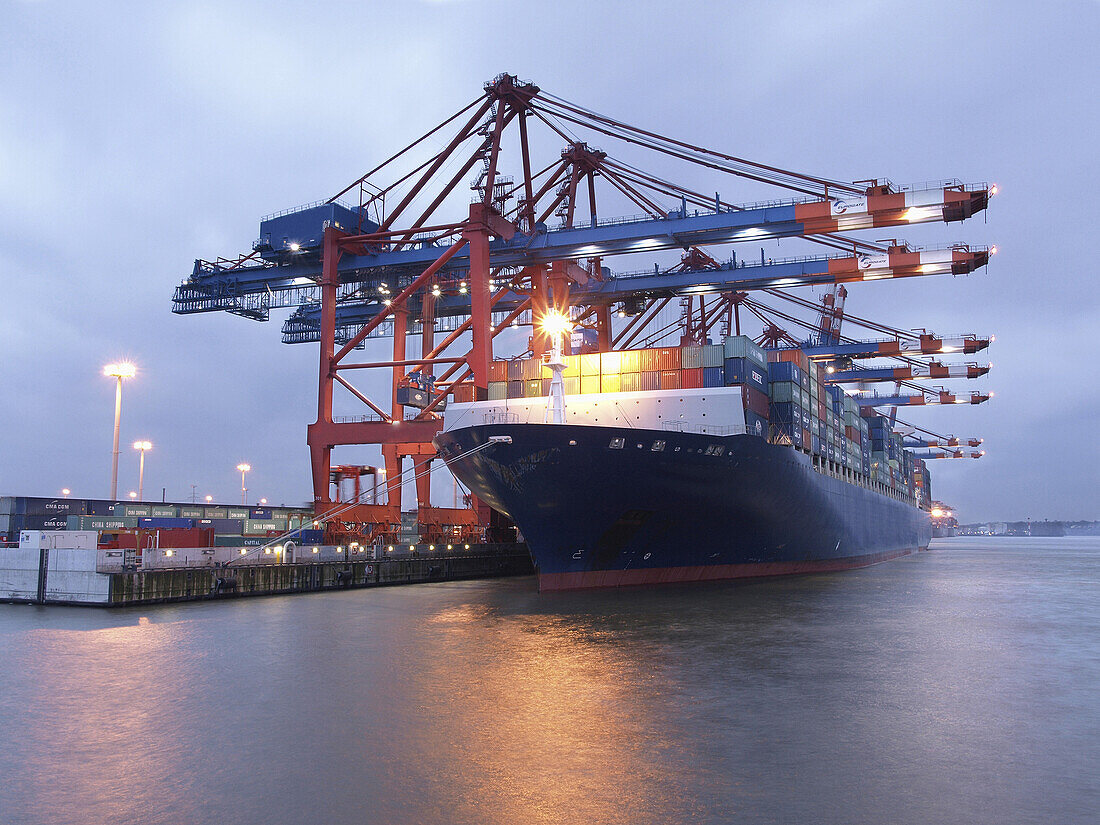 Cargo ship  in the container port, Hamburg, Germany