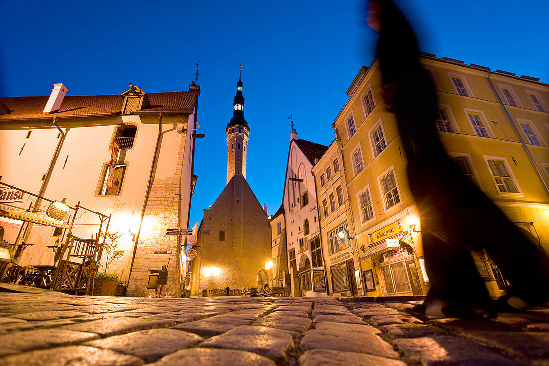Pedestrian in front of Town Hall, Tallinn, Estonia, Europe