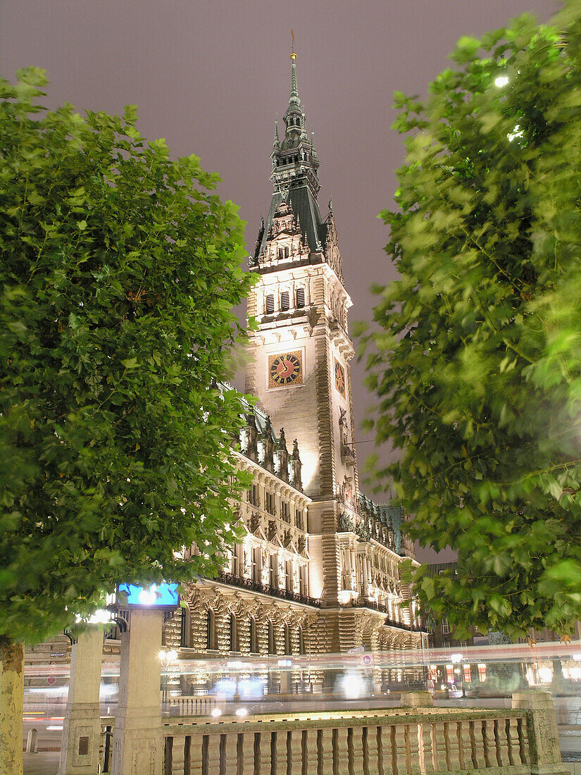 Illuminated town hall, Hamburg, Germany