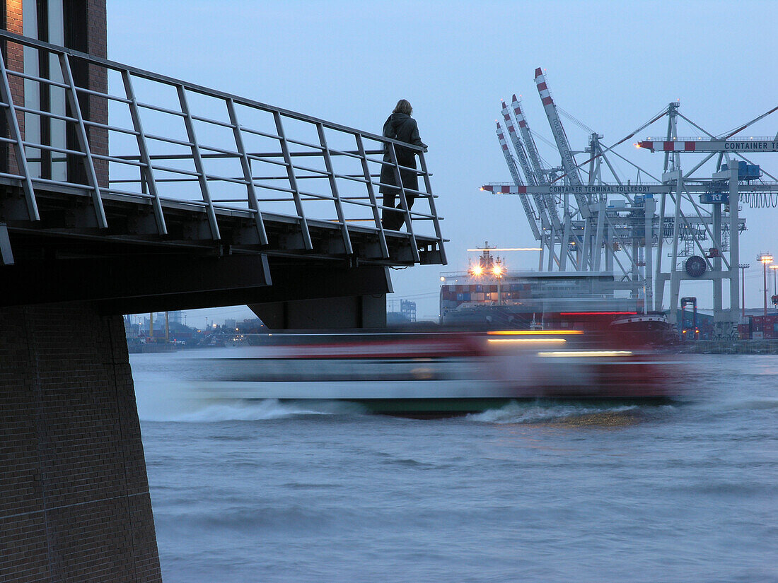 View over Elbe river to container port, Hamburg, Germany