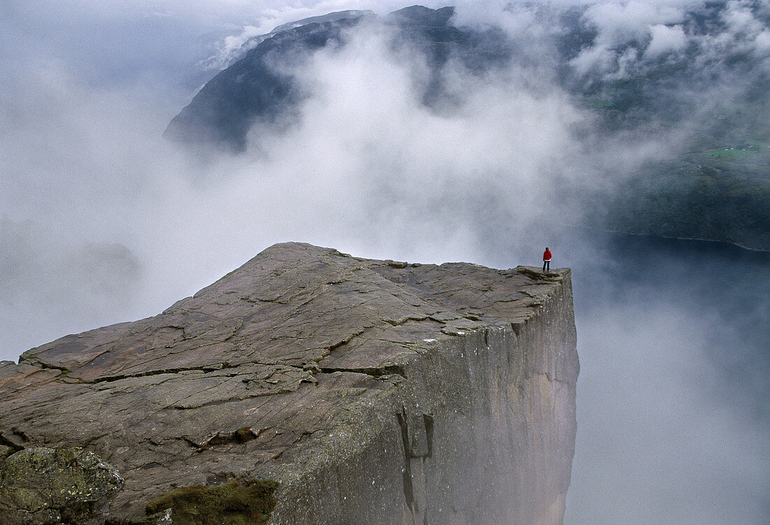 Preikestolen. Pulpit Rock. 600 meters over LyseFjord. Lyse Fjord, in Ryfylke district. Rogaland Region. It is the most popular hike in Stavanger area.