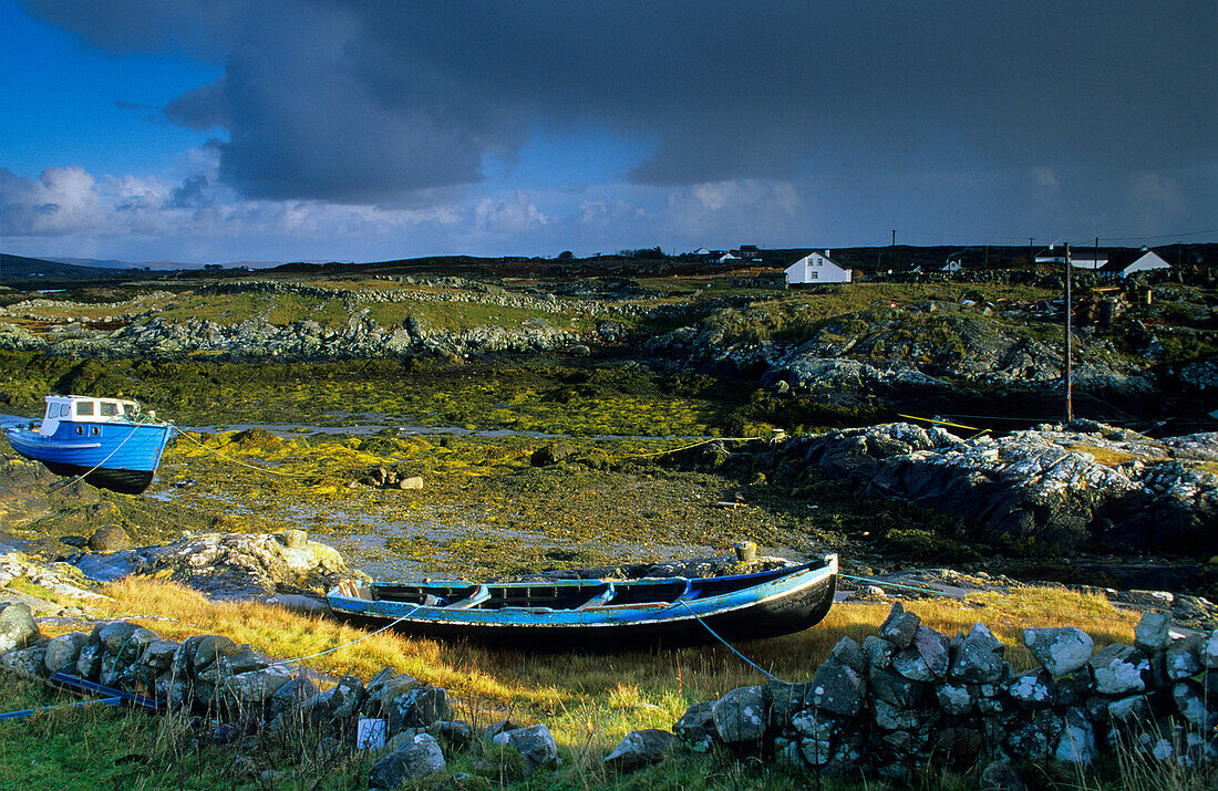 Coastal landscape with fishing boats, Lettermullan peninsula, Connemara, Co. Galway, Ireland, Europe