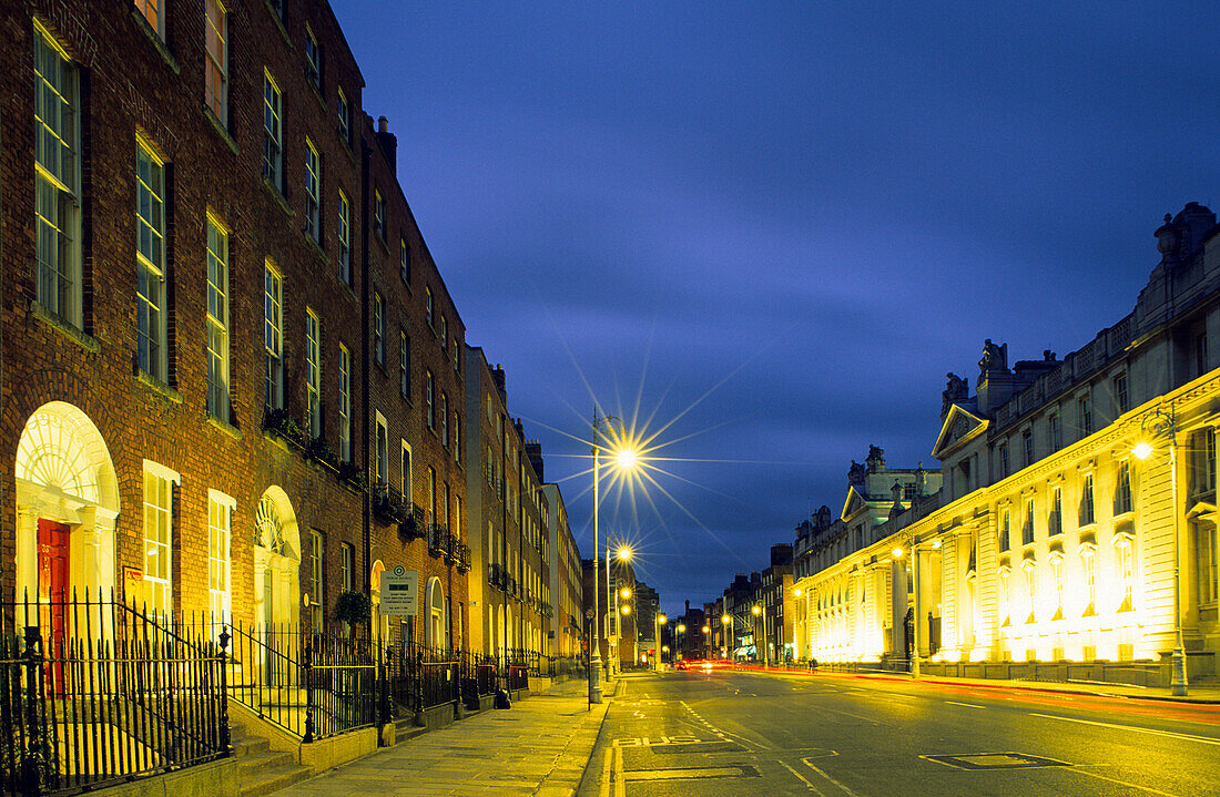 Leinster House, the illuminated parliament in the evening, Merrion Street Upper, Dublin, Ireland, Europe