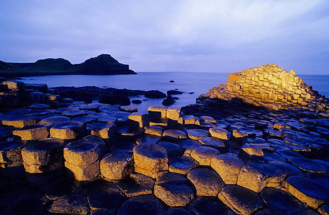 Giant’s Causeway, Nordirland, World Heritage Site, Damm des Riesen, Basaltsäulen an der Küste im Licht der Abendsonne, County Antrim, Europa