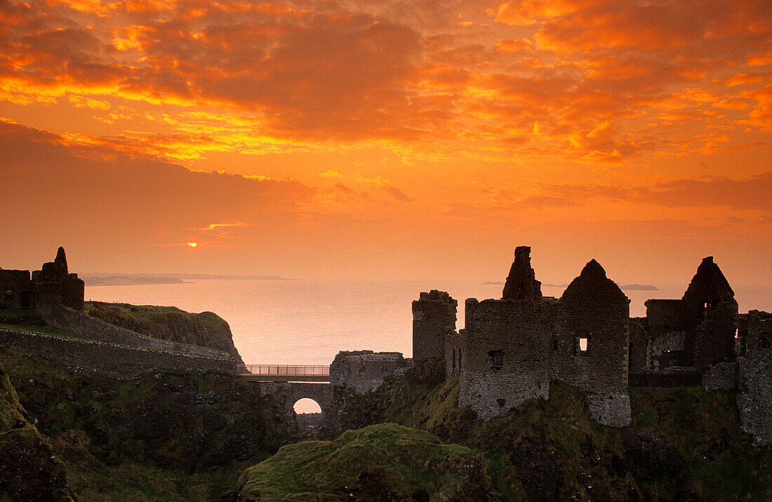 The ruins of Dunluce Castle on shore in the afterglow, County Antrim, Ireland, Europe