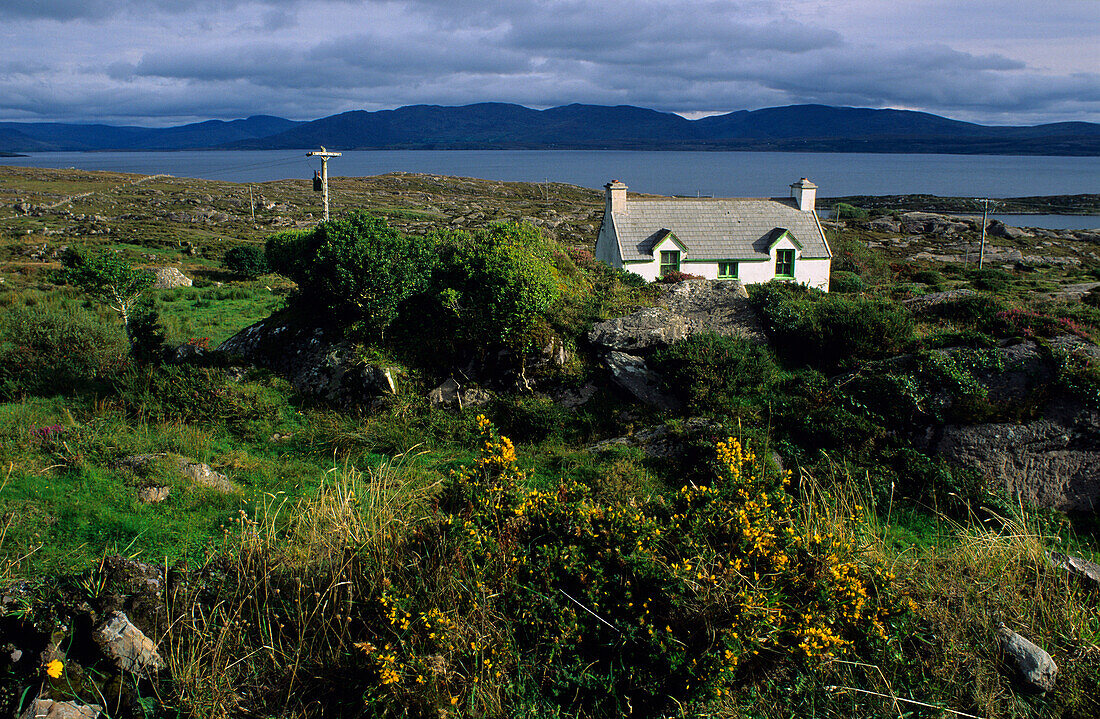Cottage im Ring of Kerry unter Wolkenhimmel, County Kerry, Irland, Europa