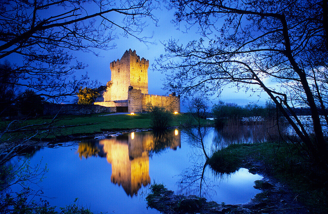 Ross Castle at Lough Leane in the evening, Killarney National Park, County Kerry, Ireland, Europe