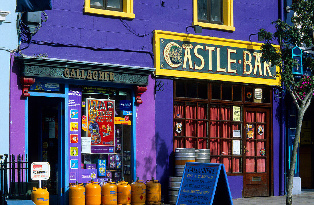 Colourful facade of a shop and a bar, Macroom, County Cork, Ireland, Europe
