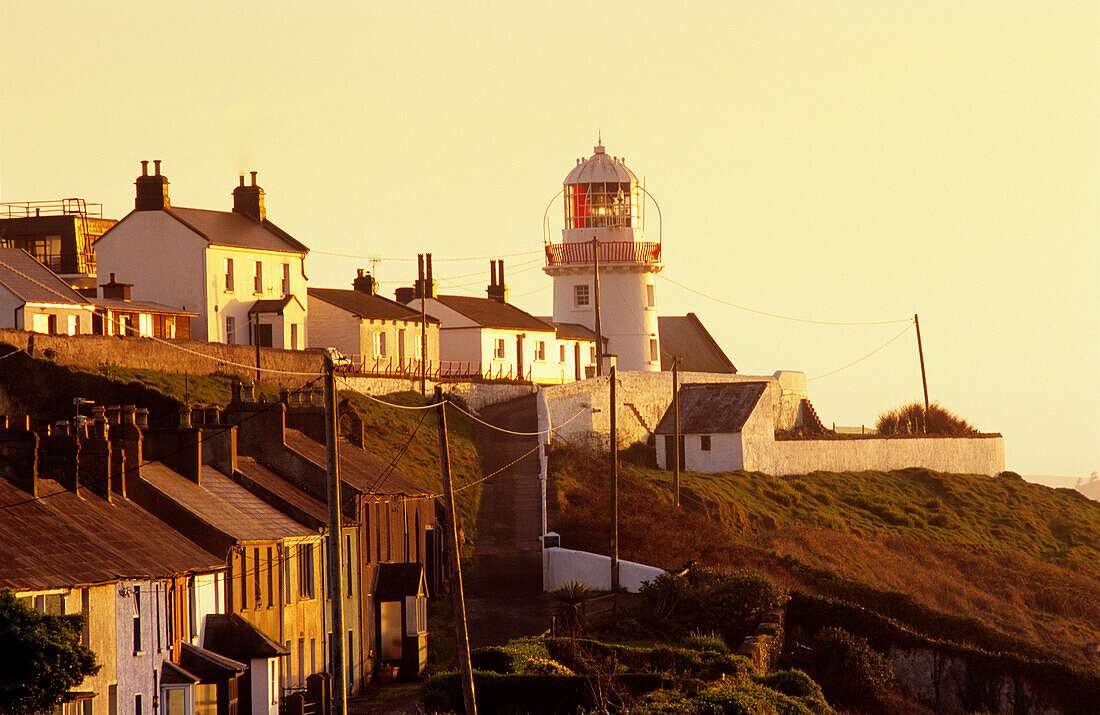 Houses and lighthouse on shore in the light of the evening sun, Roche's Point, County Cork, Ireland, Europe