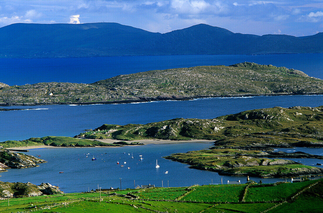 Küstenlandschaft im Sonnenlicht, Derrynane Bucht, Ring of Kerry, County Kerry, Irland, Europa