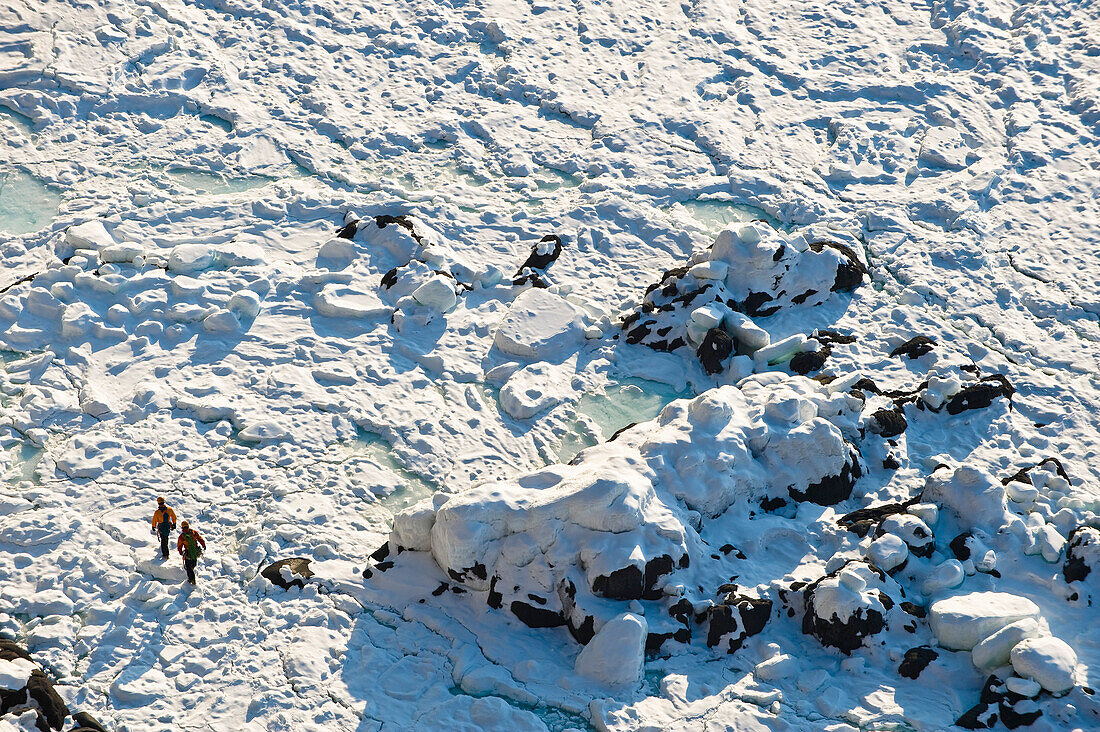 View at two men in a snow covered scenery, Hokkaido, Japan, Asia