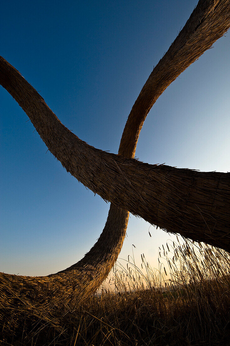 Sculpture made of straw on a field at dusk, Linz, Upper Austria, Austria