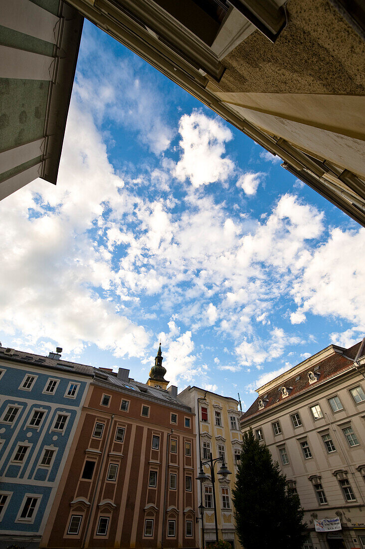 Facades of old houses and clouded sky, Domgasse, Linz, Upper Austria, Austria