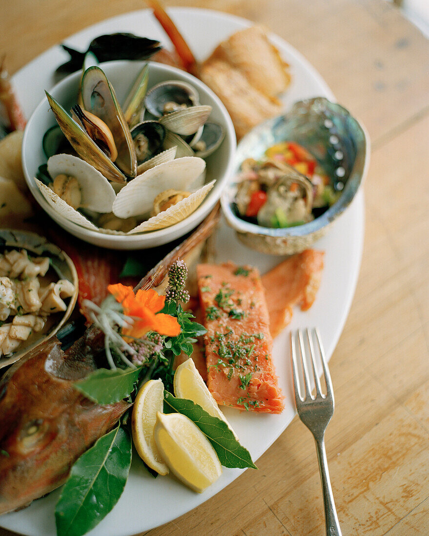 Kaimoana Fischplatte im Restaurant Fleurs Place, Moeraki, Ostküste, Südinsel, Neuseeland