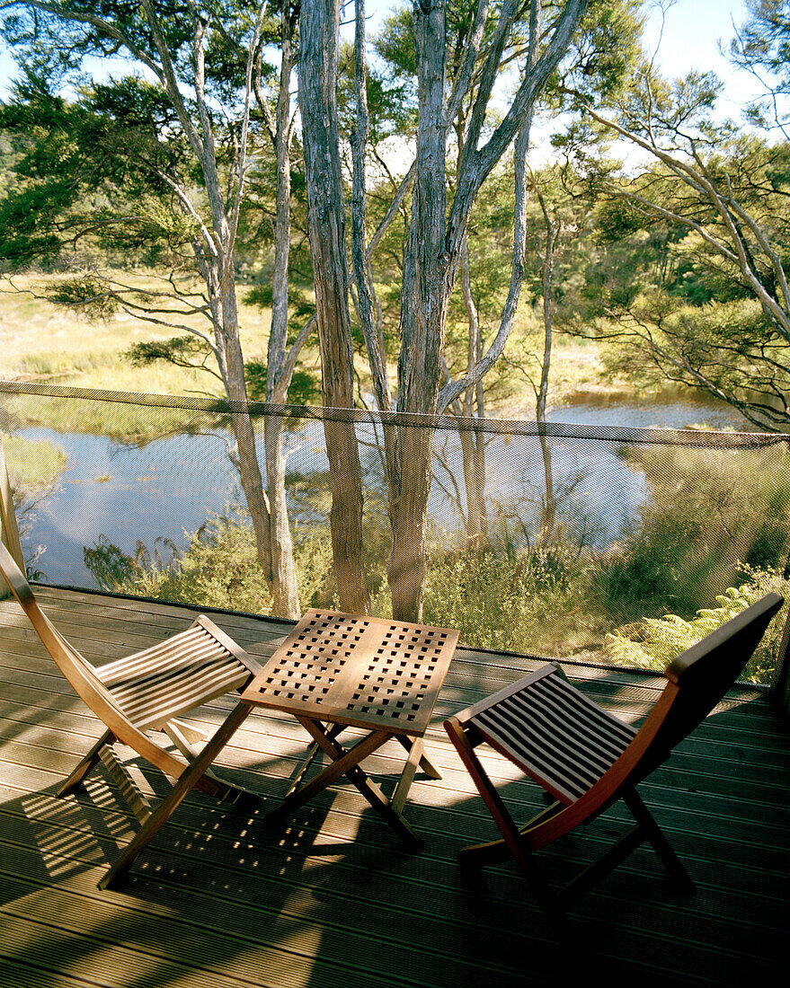 Balcony of a room at Awaroa Lodge with view at the garden, Abel Tasman National Park, North Coast, South Island, New Zealand