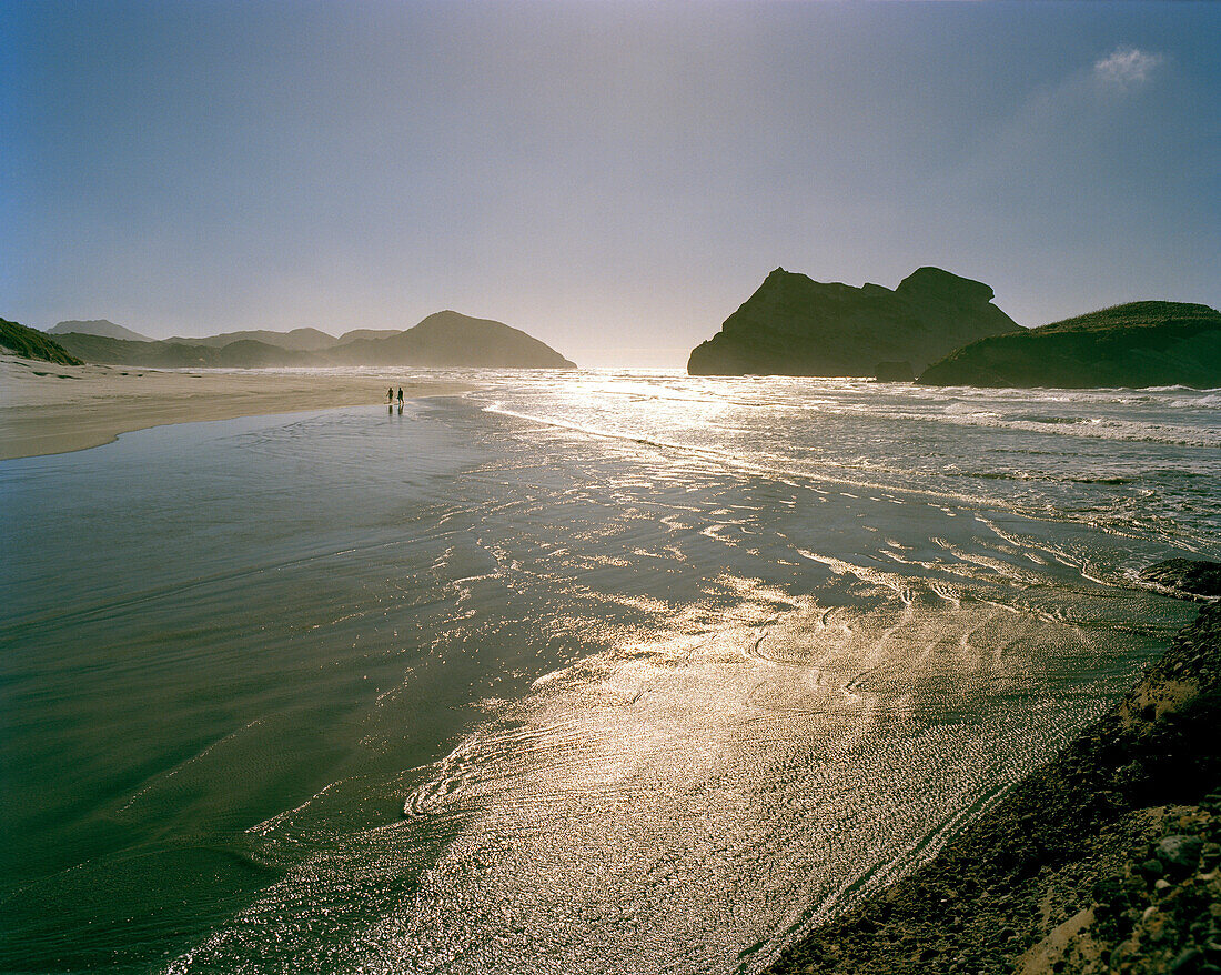 Menschen am Strand im seichten Wasser, Wharariki Beach, Nordwestküste, Südinsel, Neuseeland