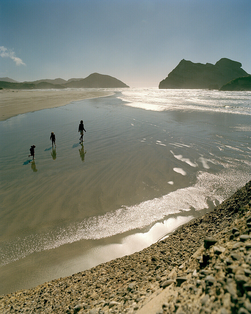 Mutter mit Kindern bei Ebbe am Strand, Wharariki Beach, Nordwestküste, Südinsel, Neuseeland