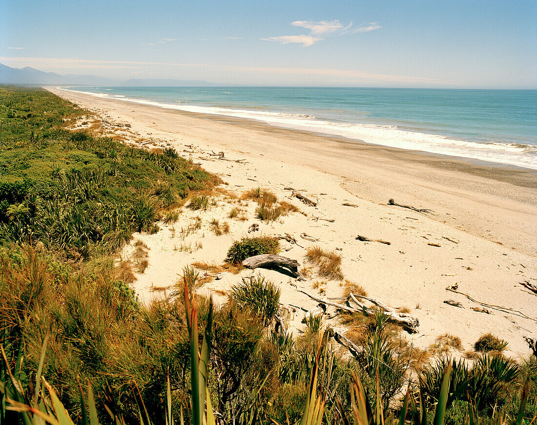 Blick auf menschenleeren Strand im Sonnenlicht, Ship Creek Beach, Westküste, Südinsel, Neuseeland