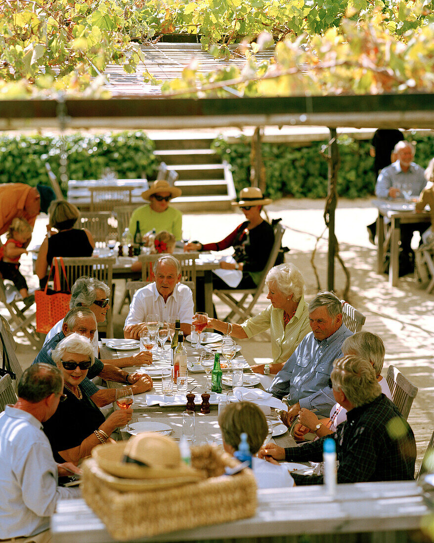 People sitting on the terrace of the restaurant of Black Barn Vineyards, Havelock North, Hawke´s Bay, North Island, New Zealand