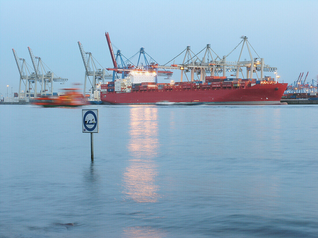 View over river Elbe to container port, Hamburg, Germany