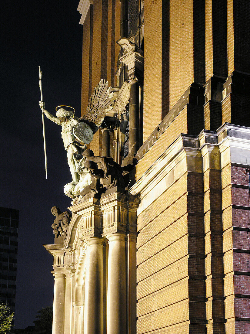 Archangle Michael sculpture above the main entrance, St. Michaelis Church, Hamburg, Germany