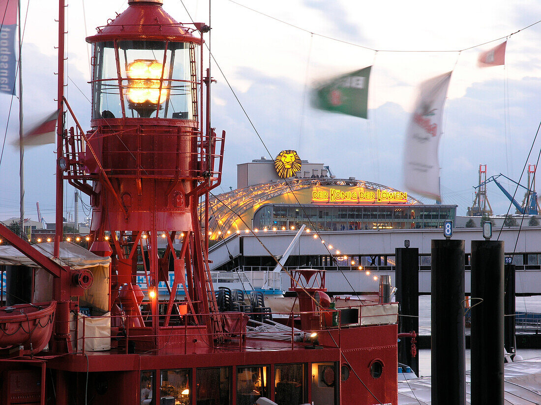 Lightship and Musical Theatre Lion King  in the harbour, Hanseatic City of Hamburg, Germany