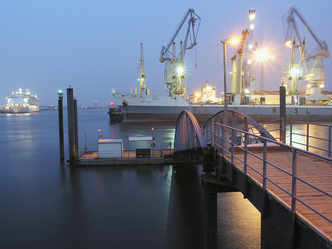 Freedom of the Seas and cargo ship in harbor, Hamburg, Germany
