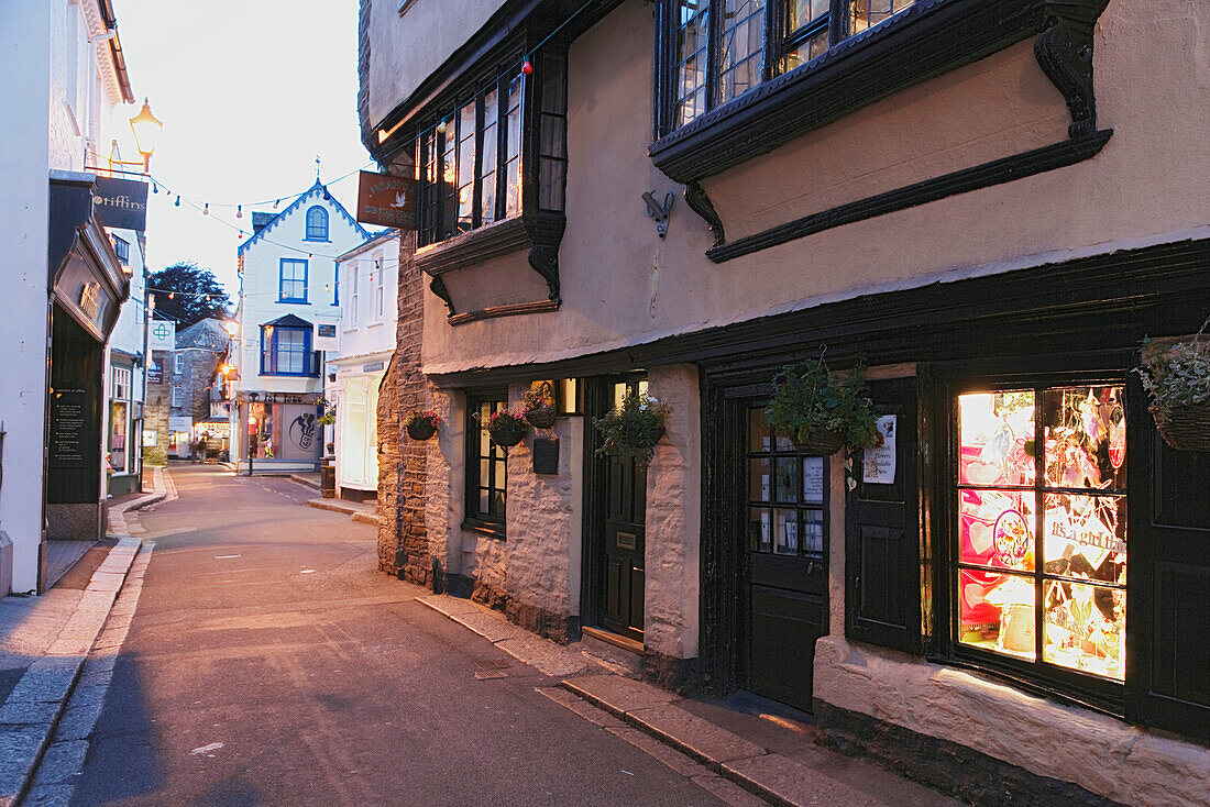 View along a street in the evening, Fowey, Cornwall, England, United Kingdom