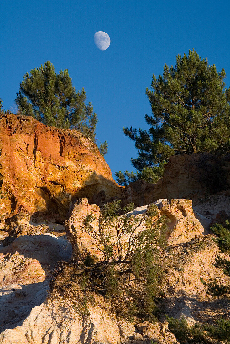 Colorado Provencal, Ockerfelsen unter blauem Himmel, Rustrel, Vaucluse, Provence, Frankreich