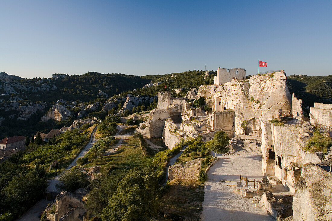 The rock fortress under a blue sky, Les-Baux-de-Provence, Vaucluse, Provence, France