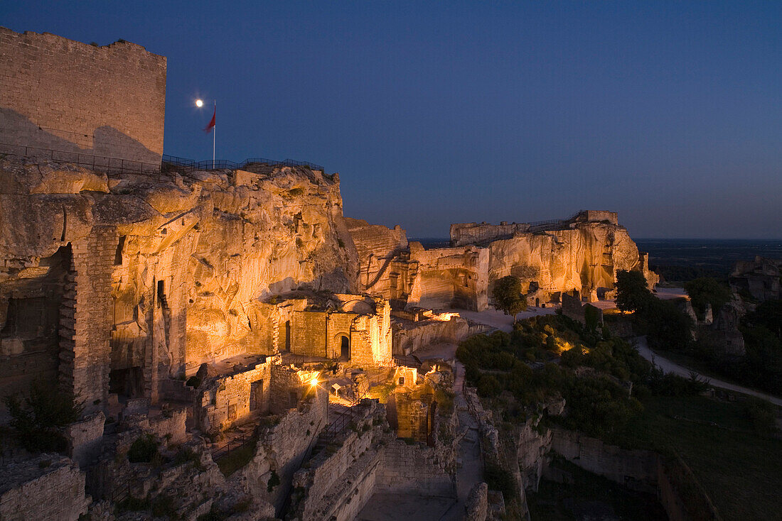 The illuminated rock fortress at night, Les-Baux-de-Provence, Vaucluse, Provence, France