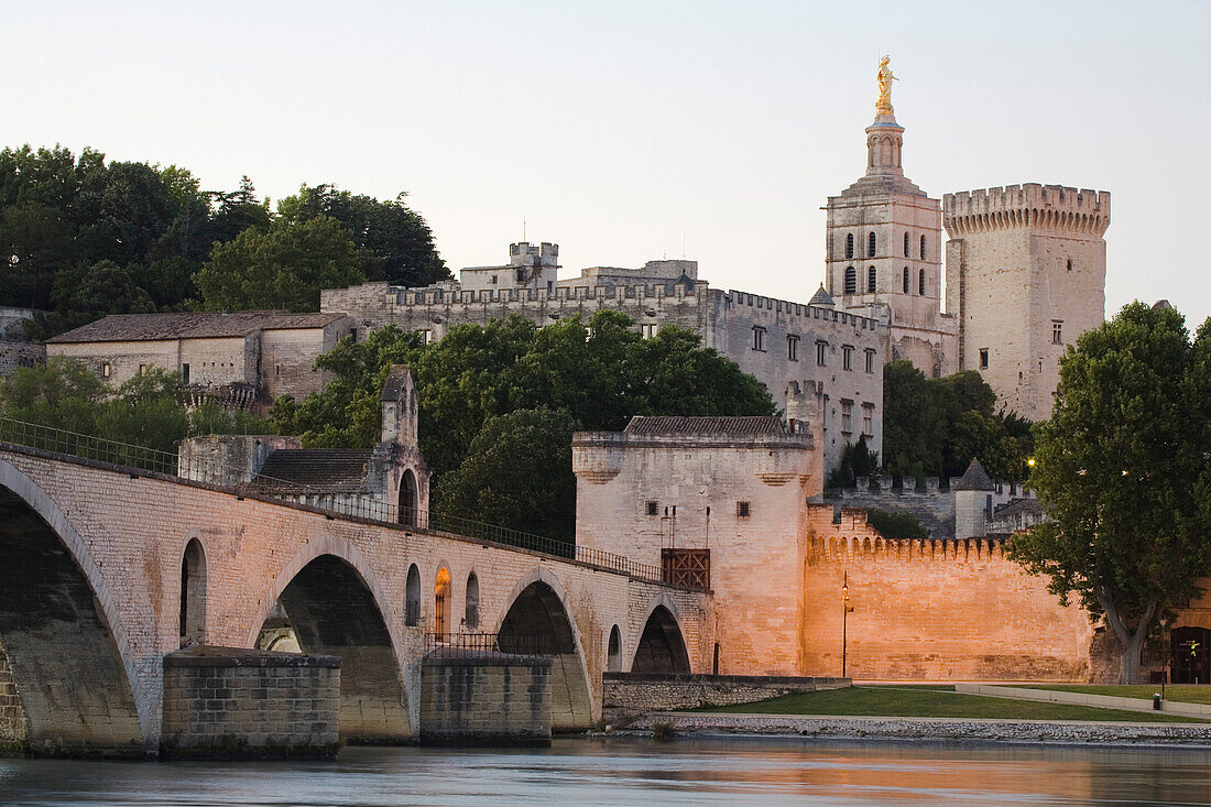 View at the bridge St. Benezet and the Palace of the Popes, Avignon, Vaucluse, Provence, France