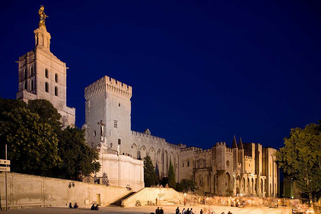 The illuminated Palace of the Popes in the evening, Avignon, Vaucluse, Provence, France