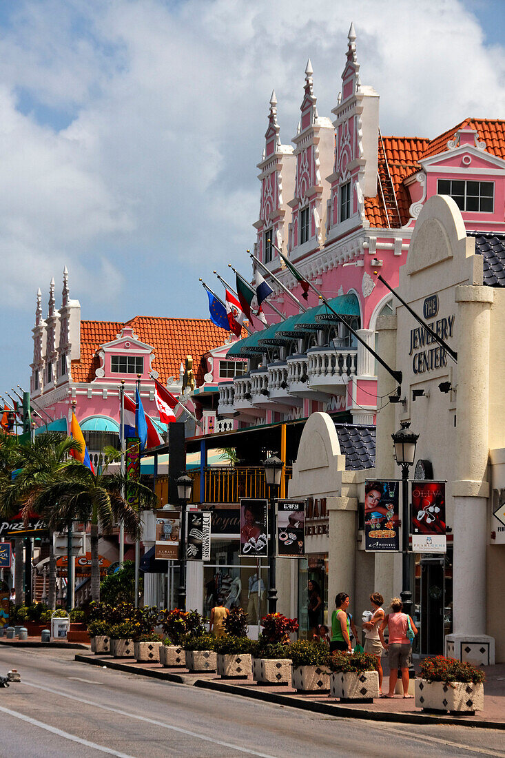 West Indies, Aruba, Oranjestadt, dutch style architecture at royal Plaza Shopping Mall