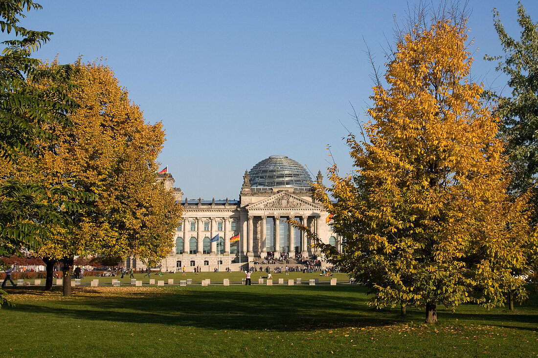 Berlin, Reichstag building with dome by Norman Forster, outdoors