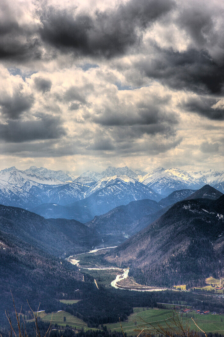 Blick vom Seekarkreuz auf Karwendel-Gebirge und Isar, Deutschland, Mangfallgebirge, Bayern